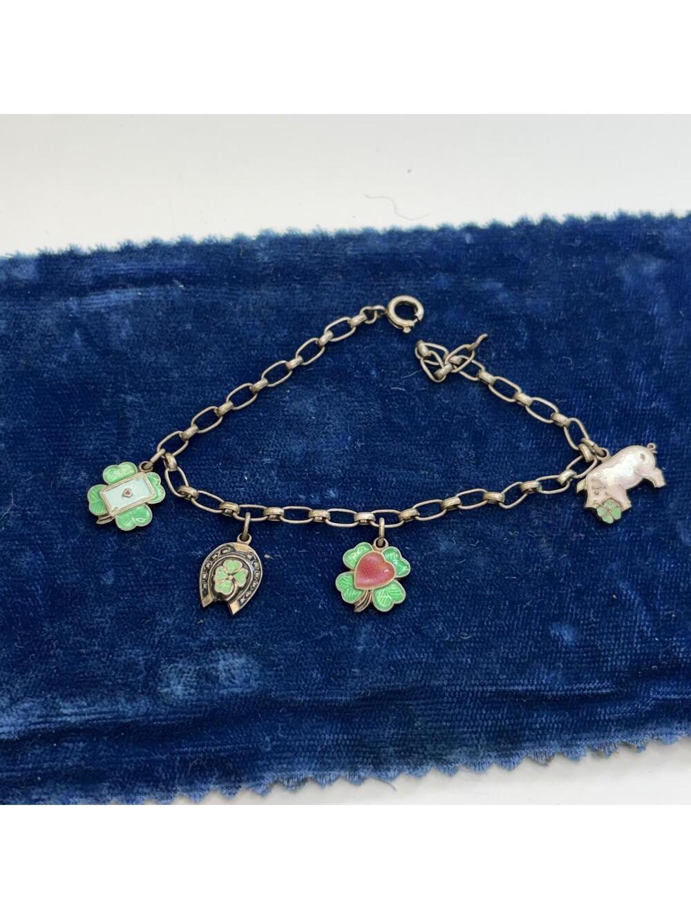 Lucky charm bracelet sterling with paper clip chain vintage